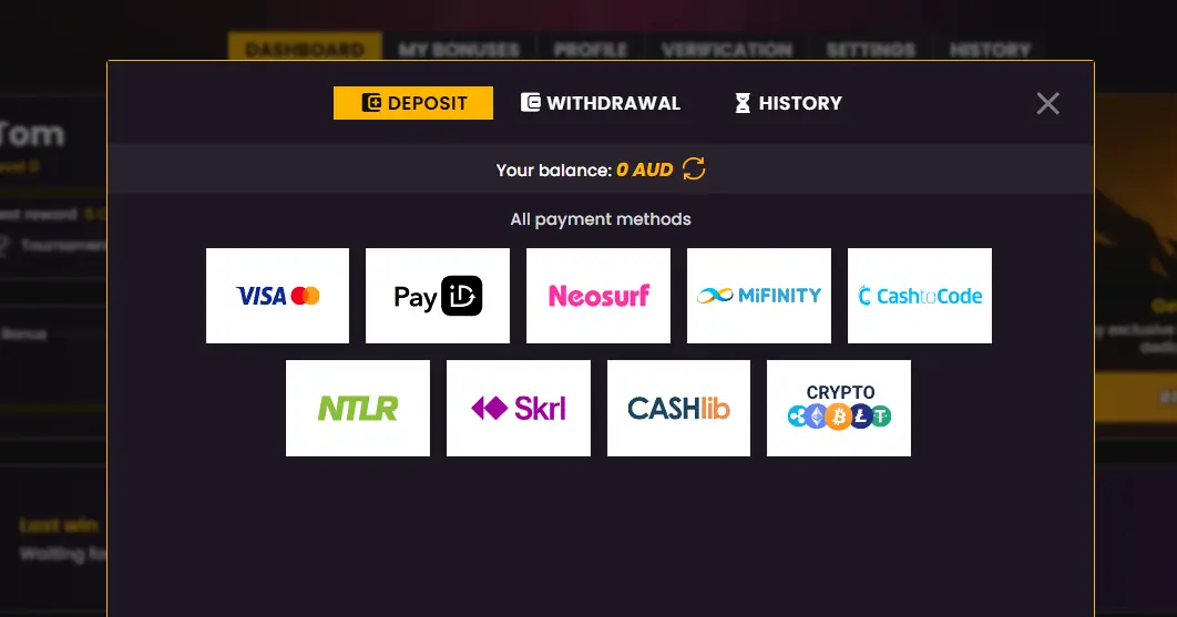 Payment deposit options and methods page
