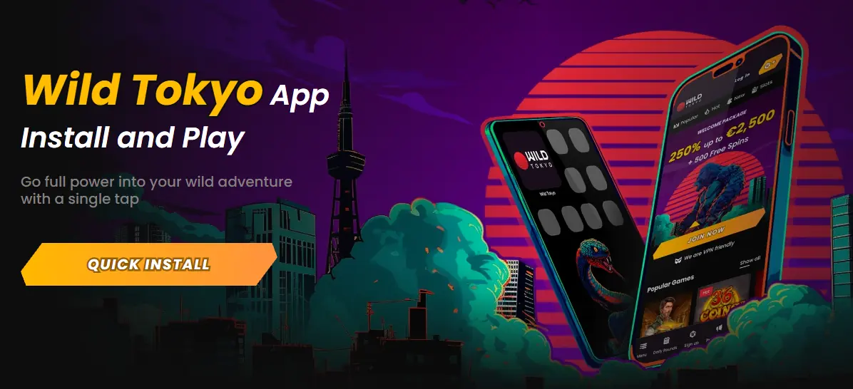 Wild Tokyo app promo with neon effects